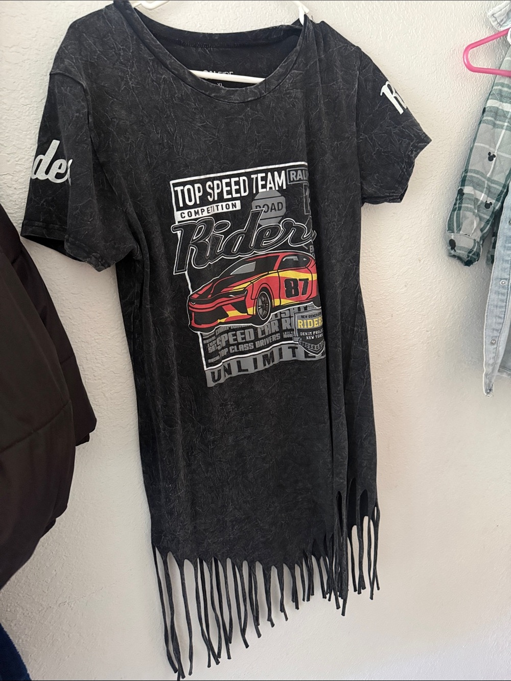 On Fire Black Fringe Racer Tee with Red and Yellow Car Graphic